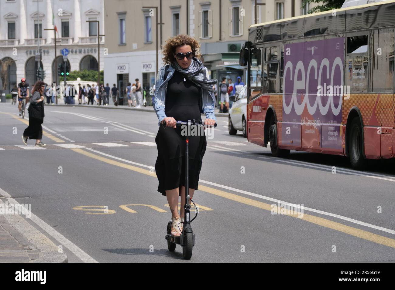 Bergamo, . 01st June, 2023. 2023 for scooters despite increased controls and tougher penalties, many accidents still cause careless use. In 2 on the same vehicle, high speed on the sidewalks and with the cell phone in hand. Credit: Independent Photo Agency/Alamy Live News Stock Photo