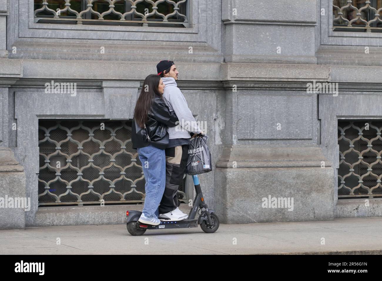Bergamo, . 01st June, 2023. 2023 for scooters despite increased controls and tougher sanctions, many accidents still cause careless use. In 2 on the same vehicle, high speed on the sidewalks and with the cell phone in hand. Credit: Independent Photo Agency/Alamy Live News Stock Photo