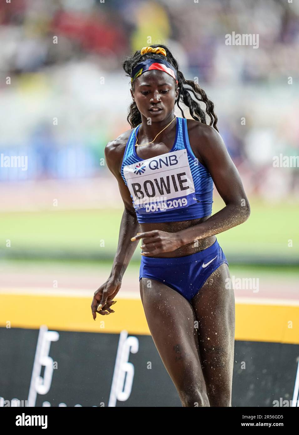 Tori Bowie in the long jump at the Doha 2019 World Athletics