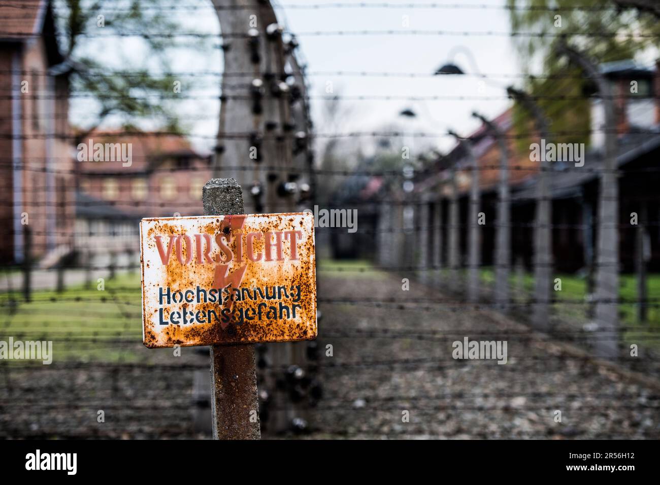Poland, Auschwitz - April 18, 2014: Warning sign in the concentration and extermination camp Auschwitz-Birkenau, Poland Stock Photo