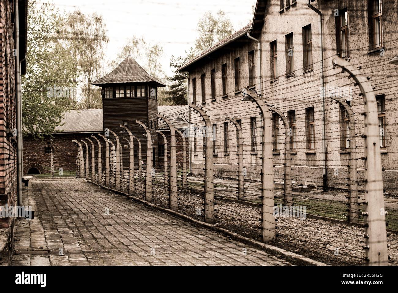 Poland, Auschwitz - April 18, 2014: Wired fences of concentration camp Auschwitz in Oswiecim, Poland Stock Photo