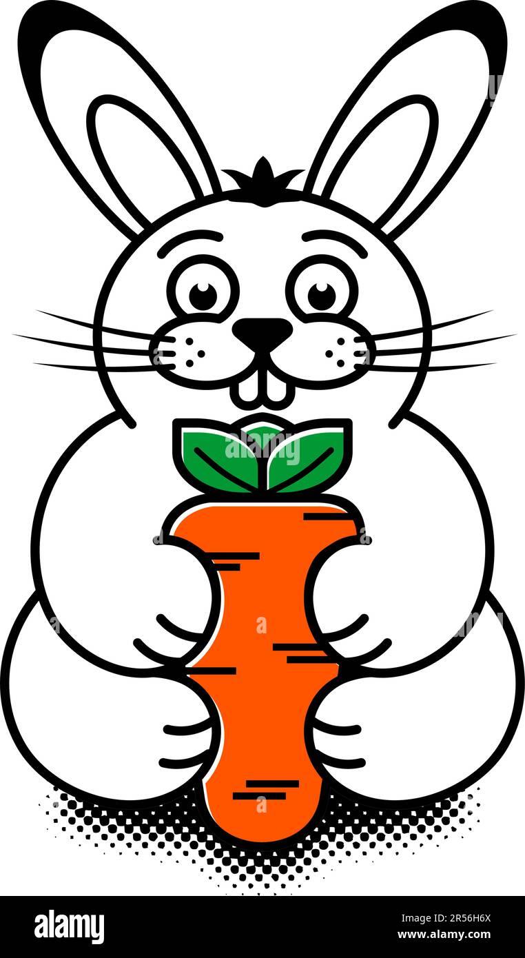 Cartoon white rabbit with carrot, Vector in comic style on transparent background Stock Vector