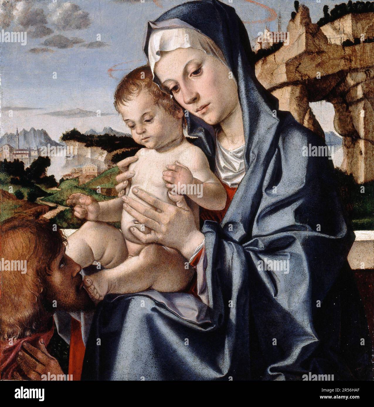 The Virgin and Child with a Saint by Bartolomeo Montagna (c.1450-1523), oil on wood panel,  c. 1483 Stock Photo