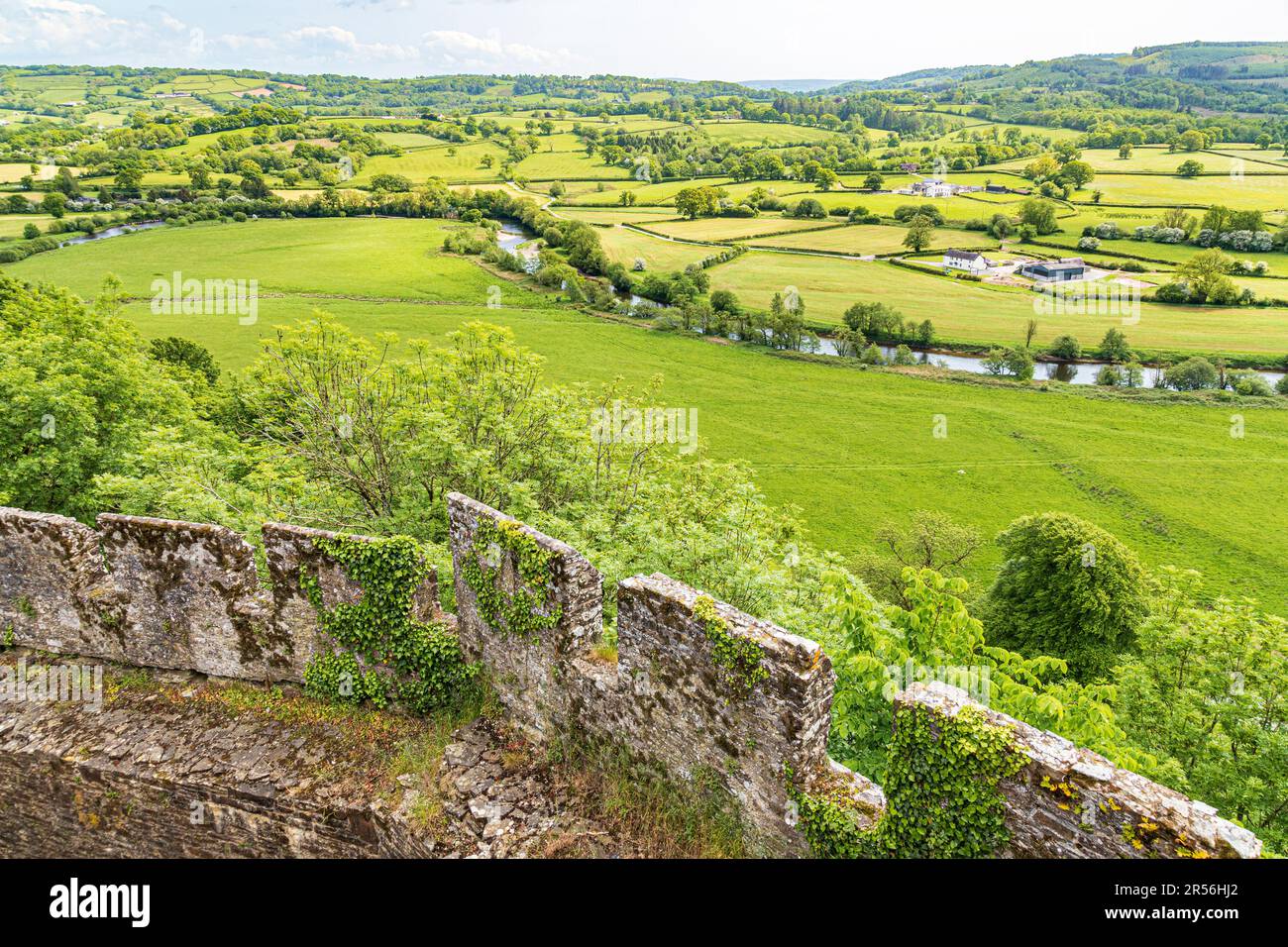 Looking out on the valley of the River Towy from the battlements of Dinefwr Castle (Dynevor Castle), Llandeilo, Carmarthenshire, south west Wales UK Stock Photo