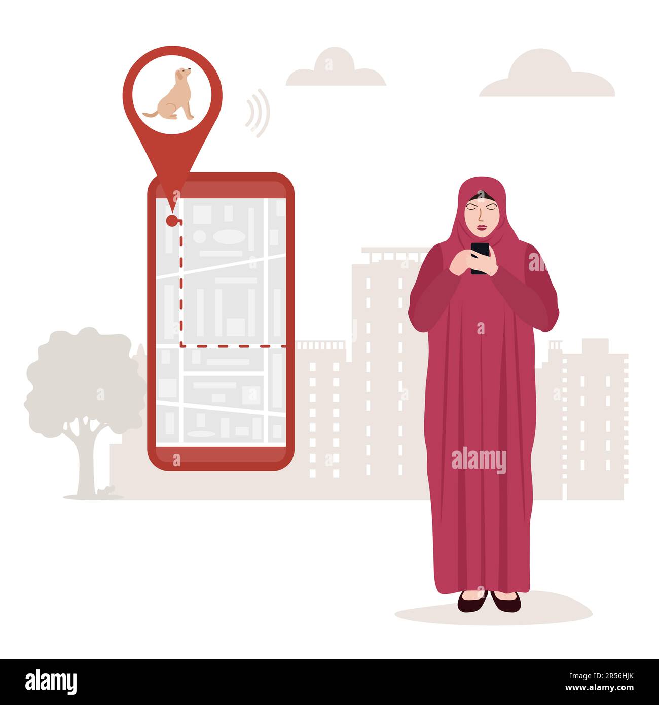 Vector illustration Muslim female uses application on cell phone for ...