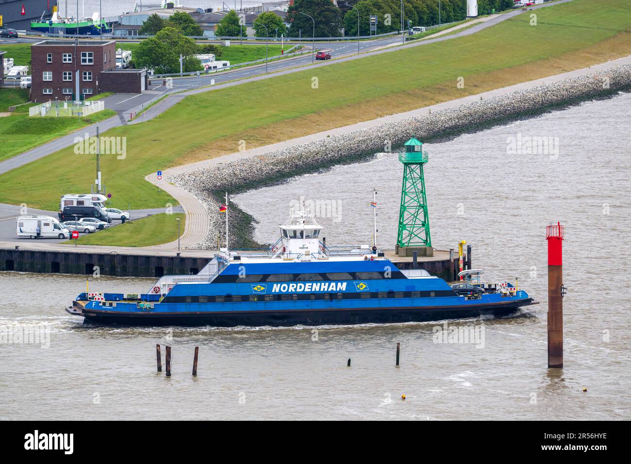 Bremen, Germany. 01st June, 2023. The Weser ferry Bremerhaven-Nordenham passes the dismantled northern pier. Credit: Sina Schuldt/dpa/Alamy Live News Stock Photo