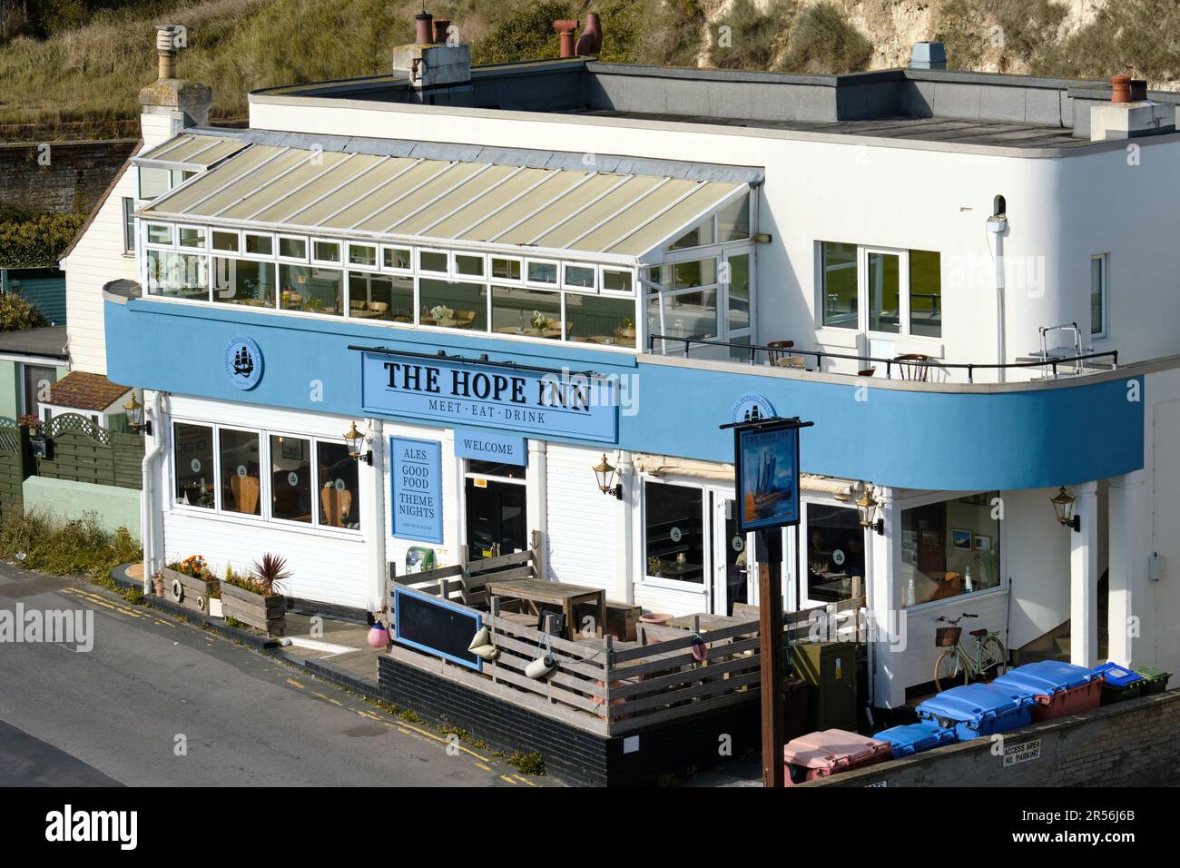 Newhaven, East Sussex, United Kingdom - September 18th 2022: The Hope Inn public house on a sunny day. High angle view. Stock Photo