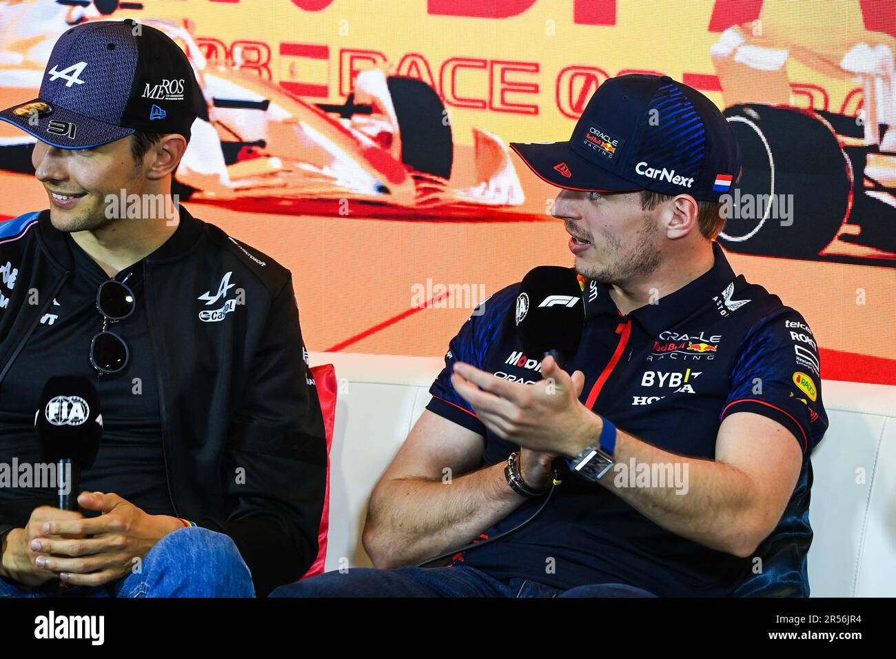 Barcelona, Spain. 01st June, 2023. (L to R) Esteban Ocon (FRA) Alpine F1 Team and Max Verstappen (NLD) Red Bull Racing in the FIA Press Conference