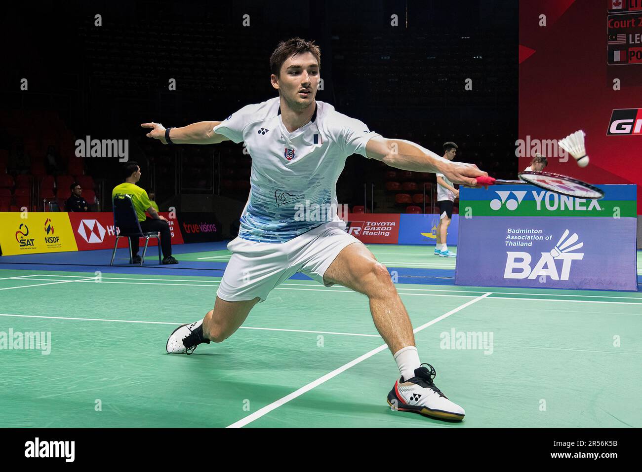 Christo Popov of France plays against Leong Jun Hao of Malaysia during the Badminton Mens single in the Thailand Open 2023 at Huamark indoor Stadium