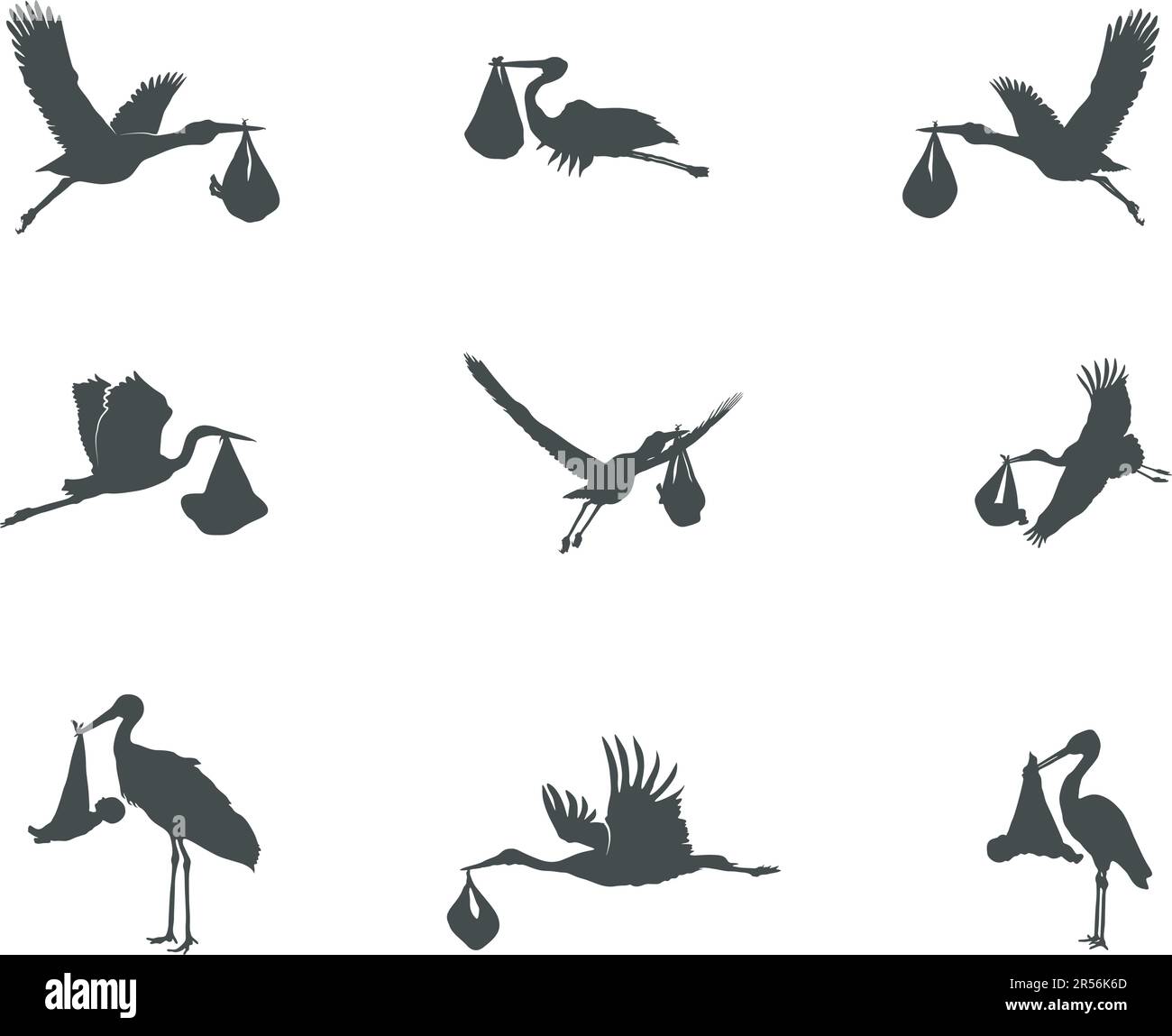 Stork carrying baby silhouette, Flying stork carrying baby silhouette, Stork baby delivery silhouette Stock Vector