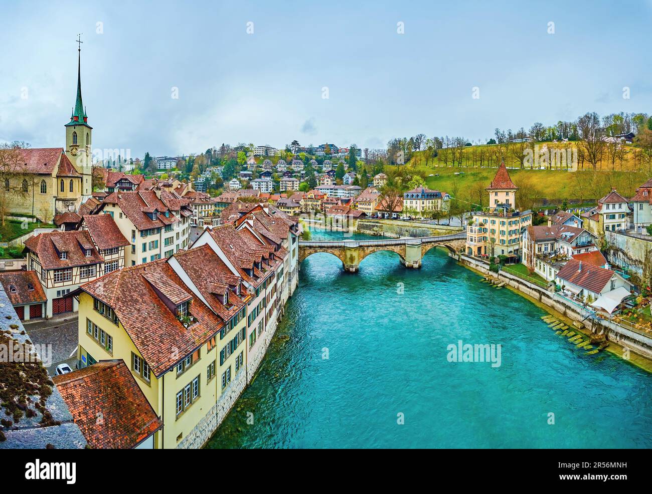 Panoramic view on the oldest part of Bern with medieval landmarks, townhouses and Aare river, Switzerland Stock Photo