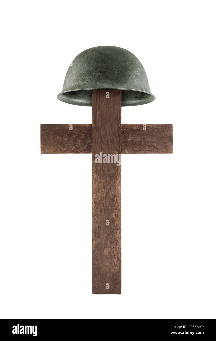 Cross and helmet isolated on white background. Grave of a fallen soldier. Stock Photo