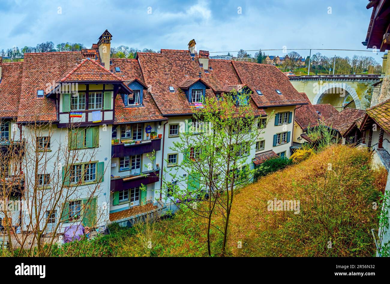 Panorama of typical historic residential houses in the heart of oldest