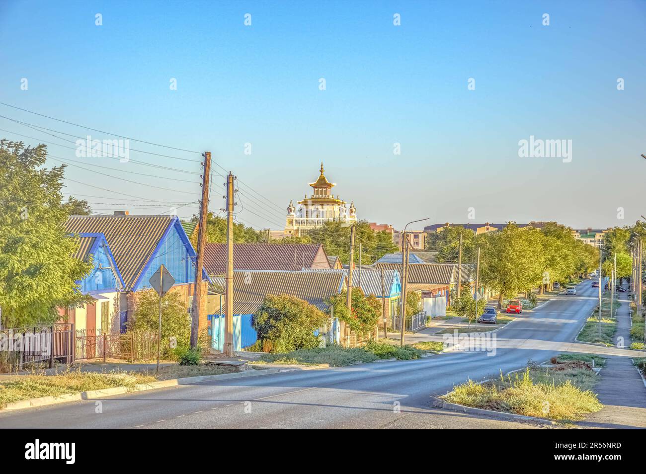 View of Elista with the Buddhist temple of the Golden Abode of Buddha Shakyamuni in the background. Republic of Kalmykia, Russia Stock Photo