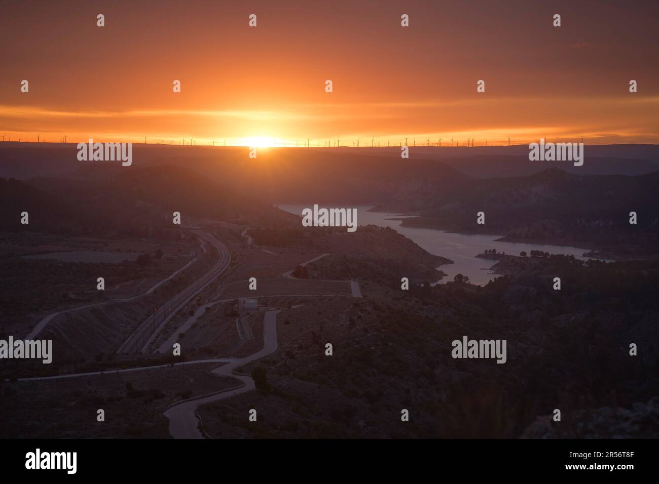 Sunset at Villagordo del Cabriel with views to Contreras dam Stock Photo