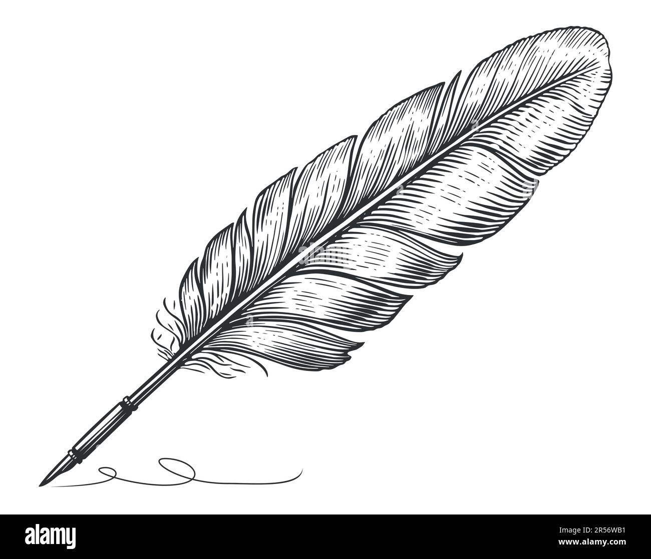 Feather with ink. Inkwell and quill dip pen in vintage engraving