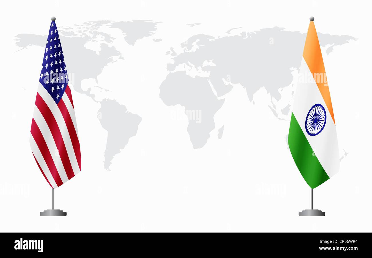 United States and India flags for official meeting against background of world map. Stock Vector