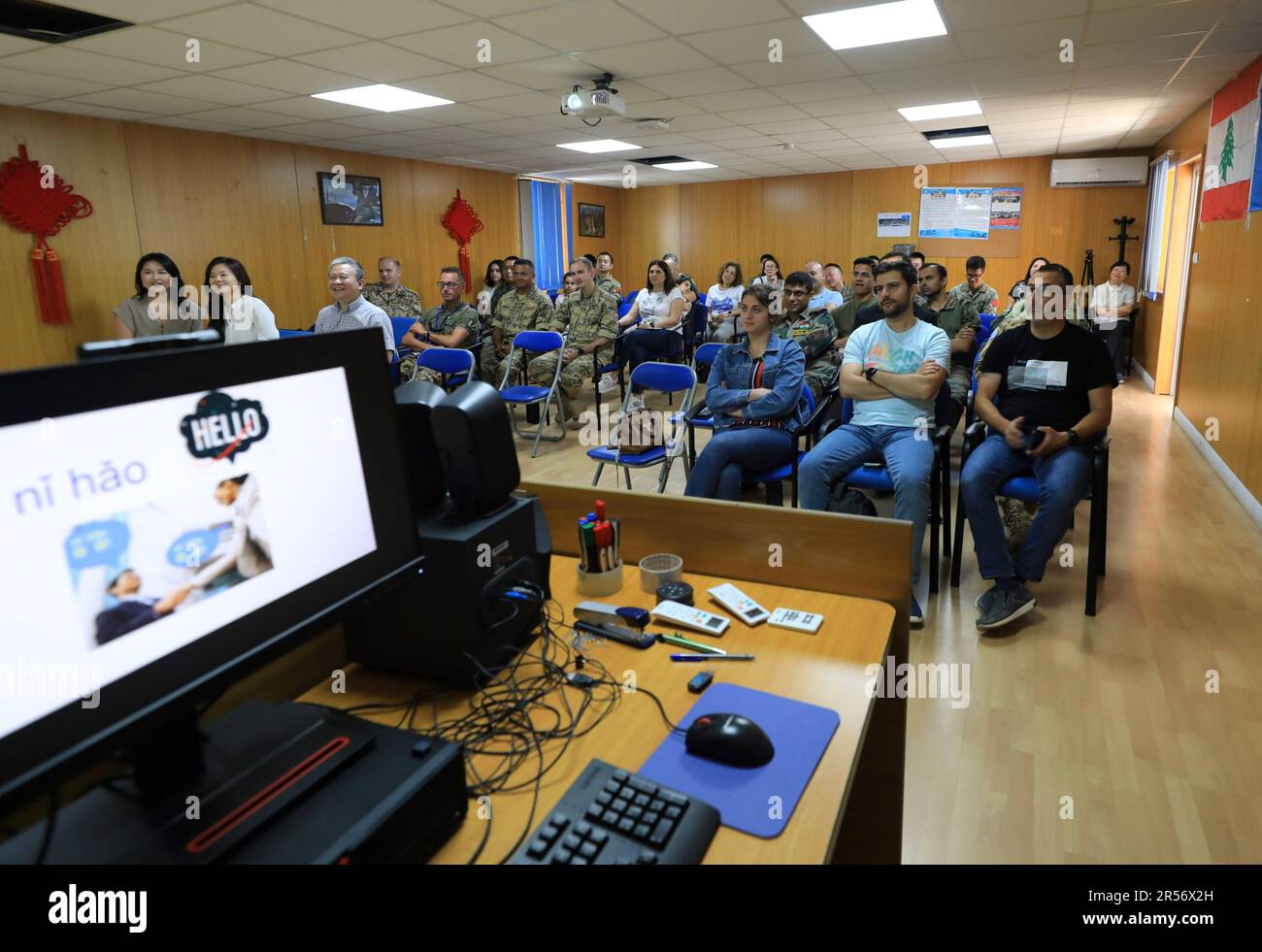 (230601) -- BEIRUT, June 1, 2023 (Xinhua) -- Trainees attend a Chinese language and culture course held at the headquarters of the United Nations Interim Force in Lebanon (UNIFIL) in Naqoura, southern Lebanon, on May 31, 2023. The Chinese culture fan was so thrilled that the Chinese language training course is coming back to the headquarters of the UNIFIL after a long suspension due to the COVID-19 pandemic. On the sideline of the lectures, Chinese peacekeepers demonstrated some traditional Chinese cultural activities, including calligraphy, painting, martial arts, tea art, and lion dance. Stock Photo