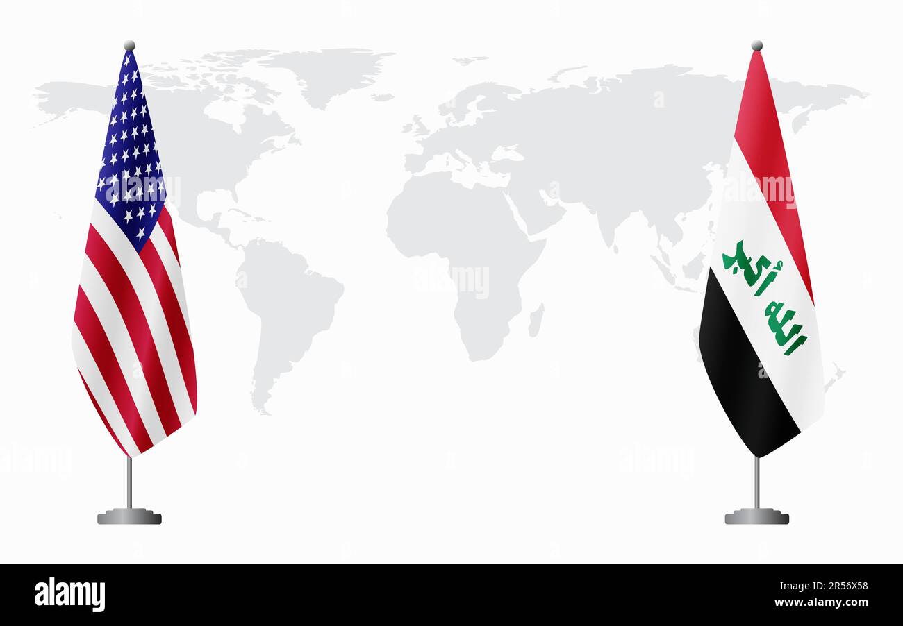 United States and Iraq flags for official meeting against background of world map. Stock Vector