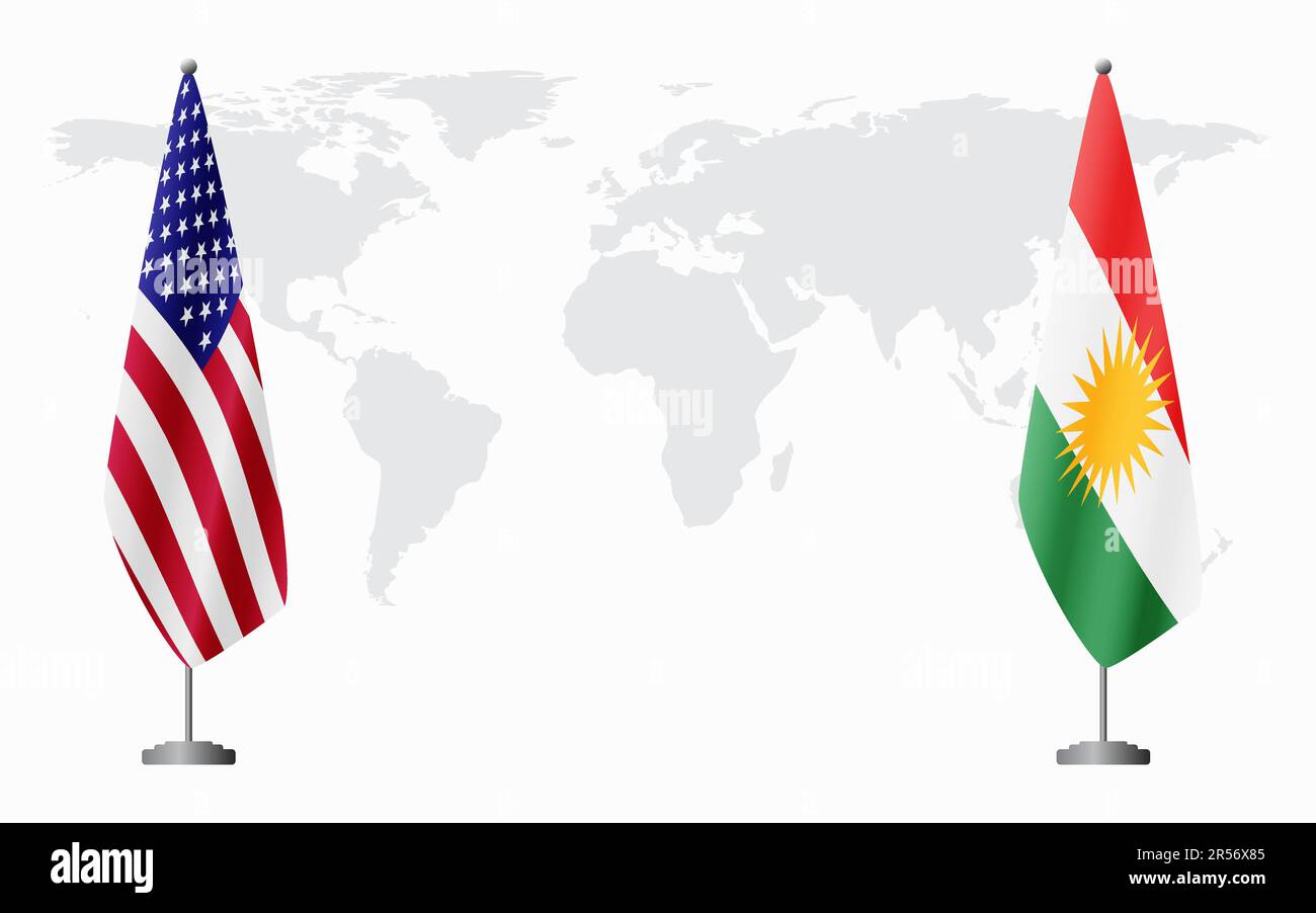 United States and Kurdistan flags for official meeting against background of world map. Stock Vector