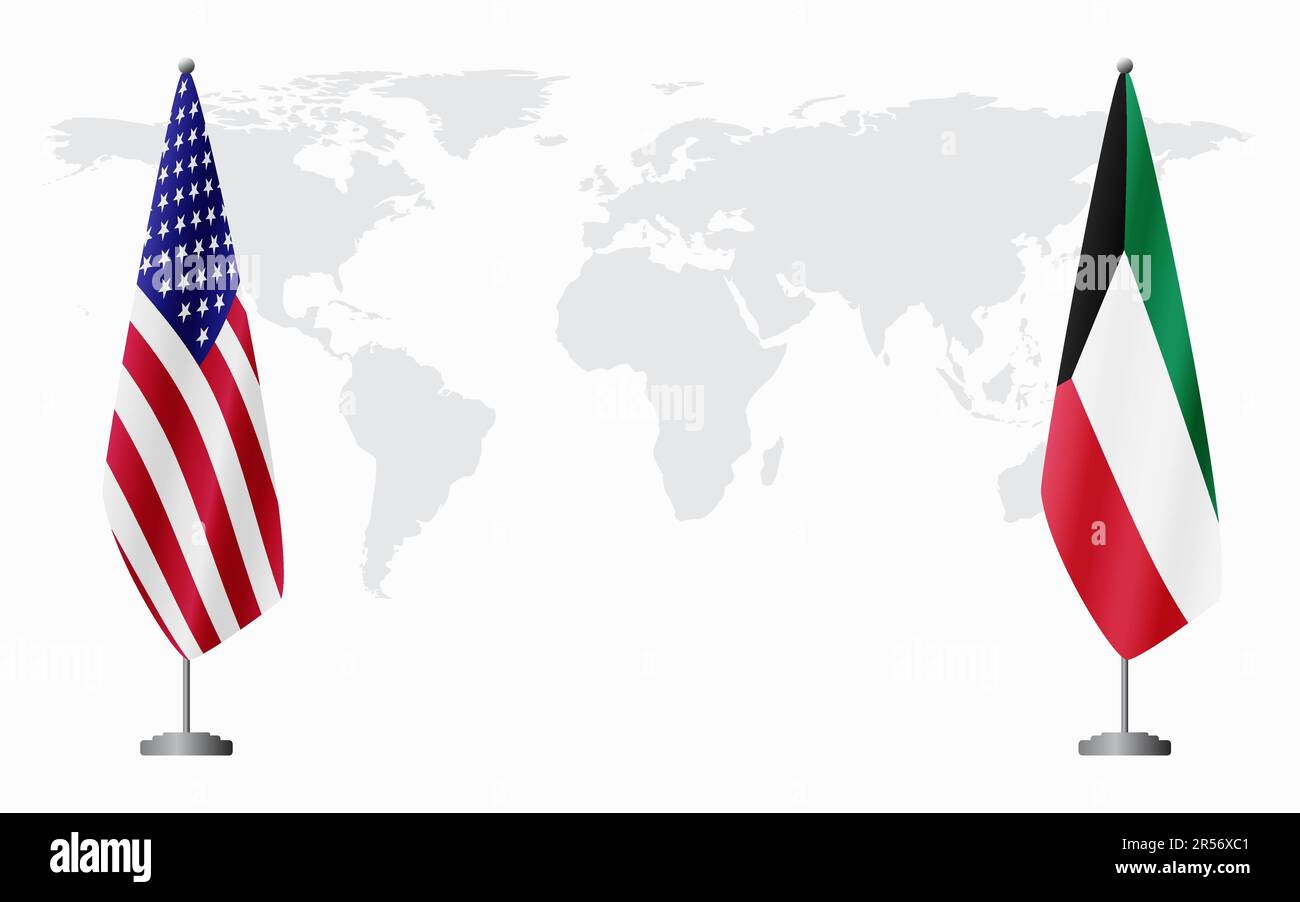 United States and Kuwait flags for official meeting against background