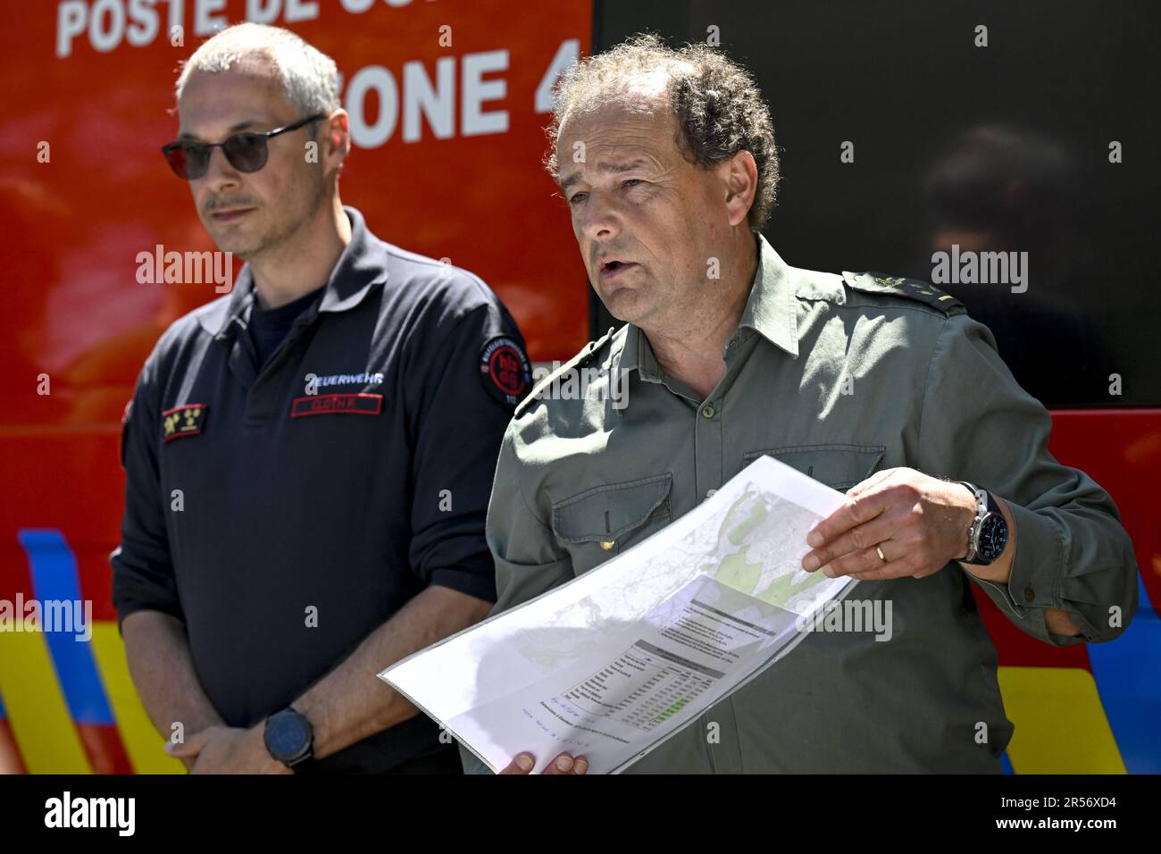 Eupen, Belgium. 01st June, 2023. Rene Dahmen, head of cantonment DNF Elsenborn pictured on the scene of a fire in the Hautes Fagnes between Ternell and Mutzenich, near the Belgian-German border, Thursday 01 June 2023. More than 170 hectares of vegetation have gone up in flames. The fire that was reportedly caused by humans started Monday evening. Belgian firefighters received assistance from German colleagues and civil protection. BELGA PHOTO DIRK WAEM Credit: Belga News Agency/Alamy Live News Stock Photo
