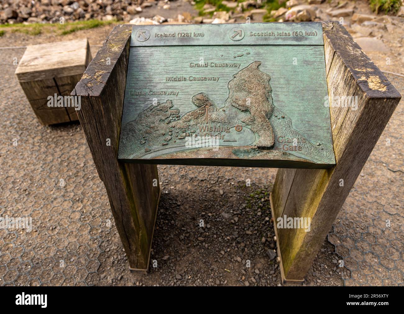 Map of the Giant's Causeway coastline, Bushmills, County Antrim, Northern Ireland, a famous UNESCO World Heritage Site. Stock Photo