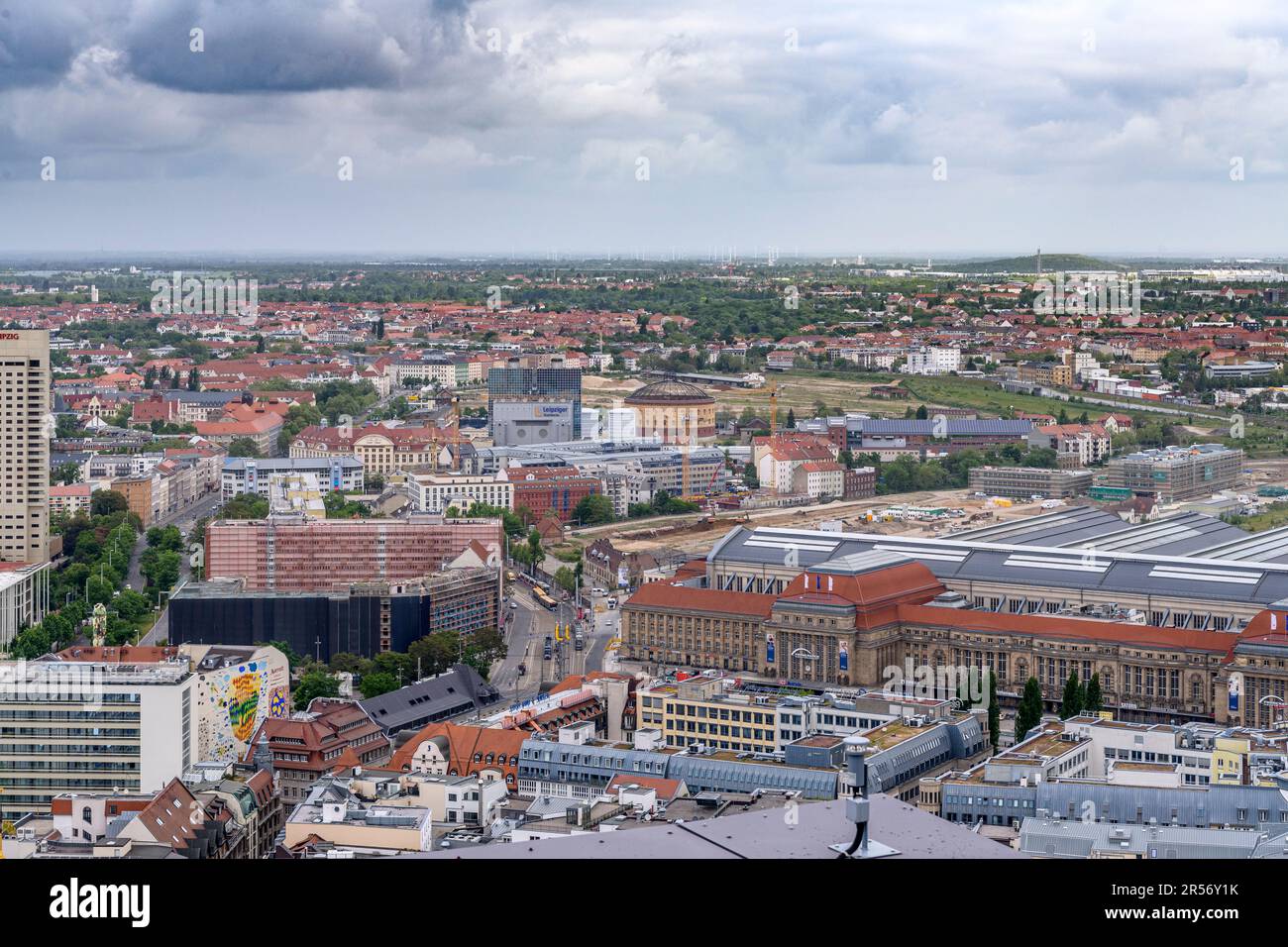 Aerial views from Leipzig's Panorama Tower. The city was badly bombed at the end of WWII so most of what you can see has been rebuilt since then. Stock Photo