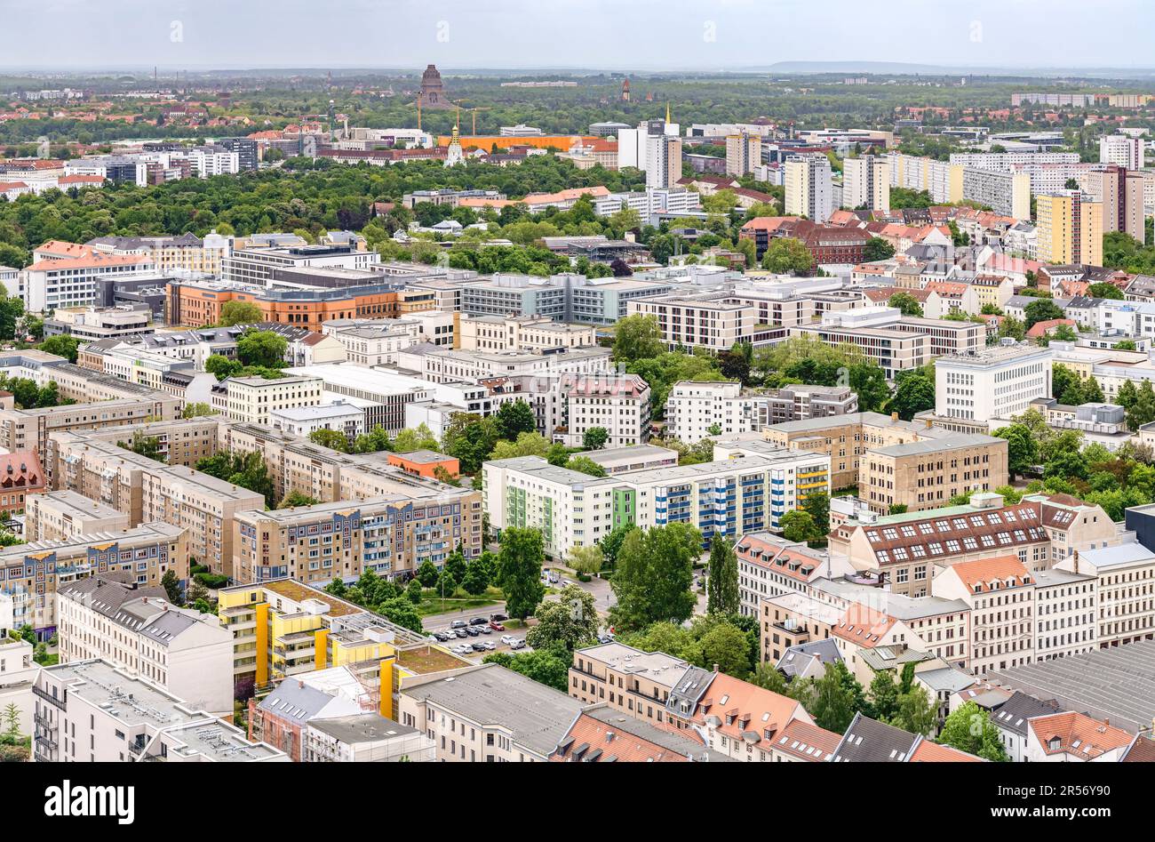 Aerial views from Leipzig's Panorama Tower. The city was badly bombed at the end of WWII so most of what you can see has been rebuilt since then. Stock Photo