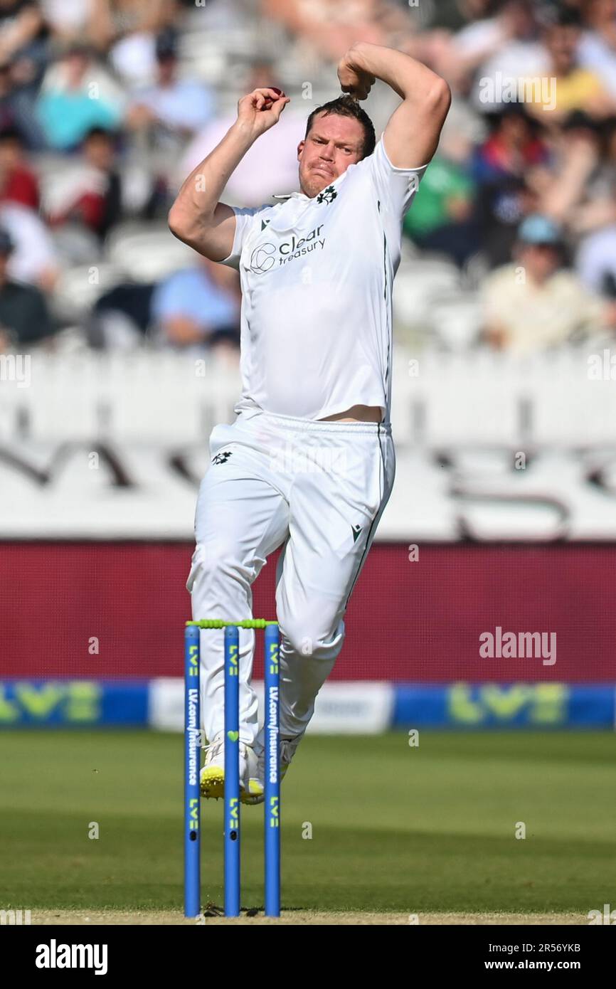 Graham Hume of Ireland bowling during the LV= Insurance day one Test match England vs Ireland at Lords, London, United Kingdom, 1st June 2023  (Photo by Craig Thomas/News Images) Stock Photo