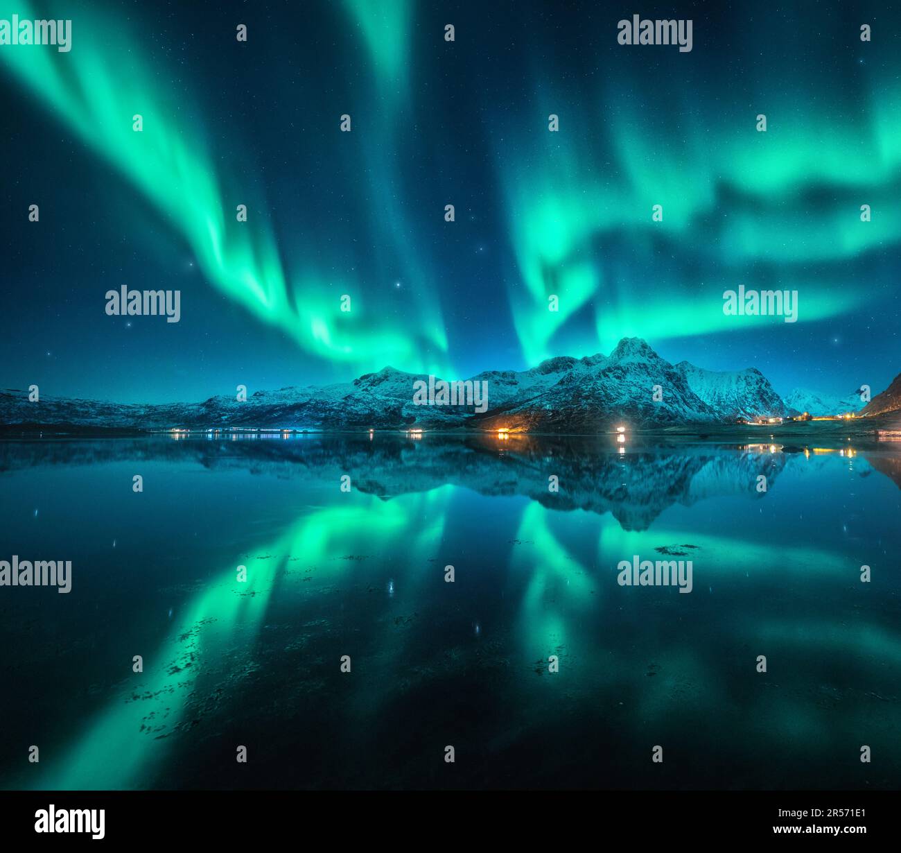 Northern lights over the snowy mountains, sea, fjord, reflection Stock ...