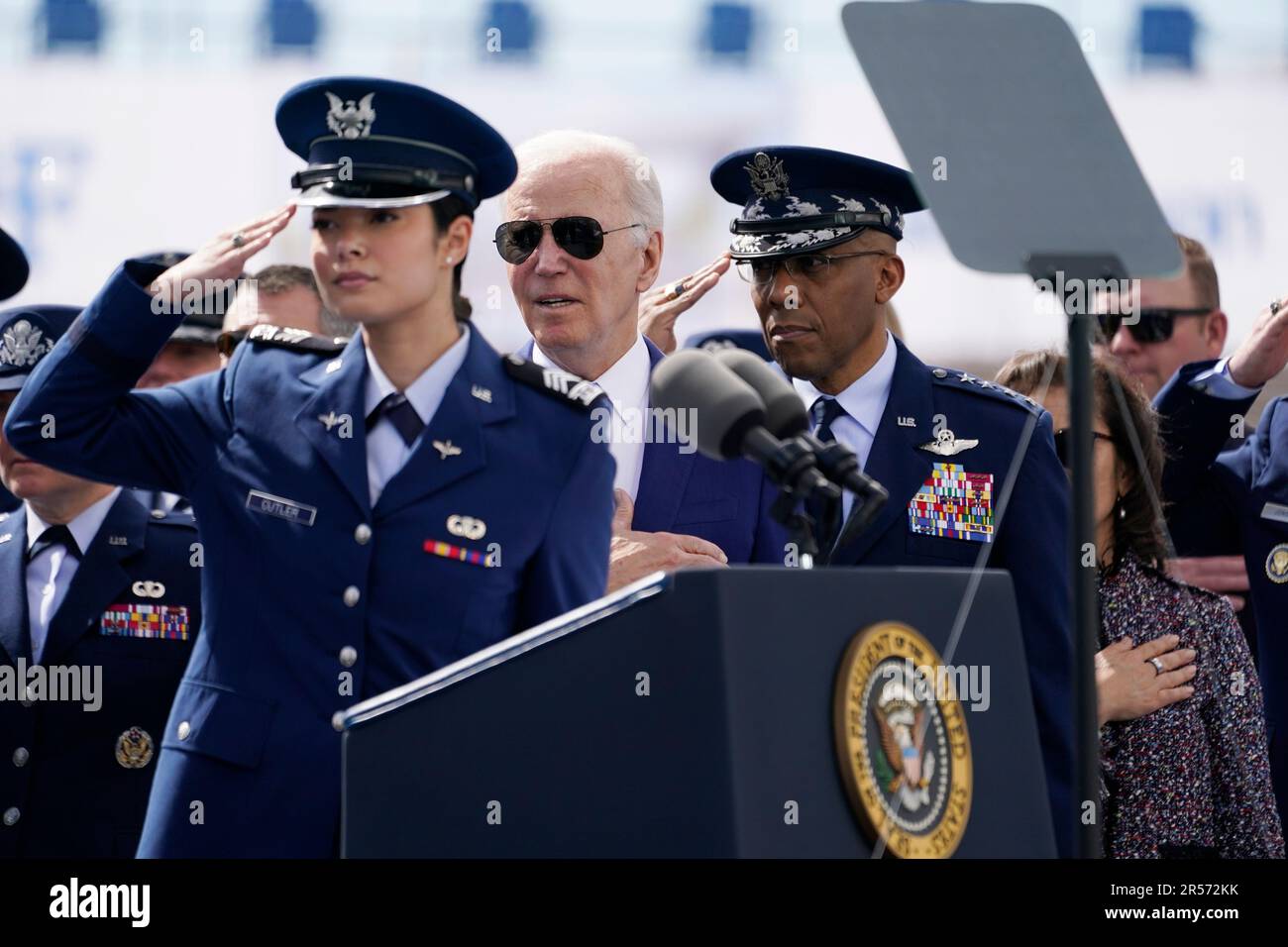 President Joe Biden stands during the National Anthem during the 2023