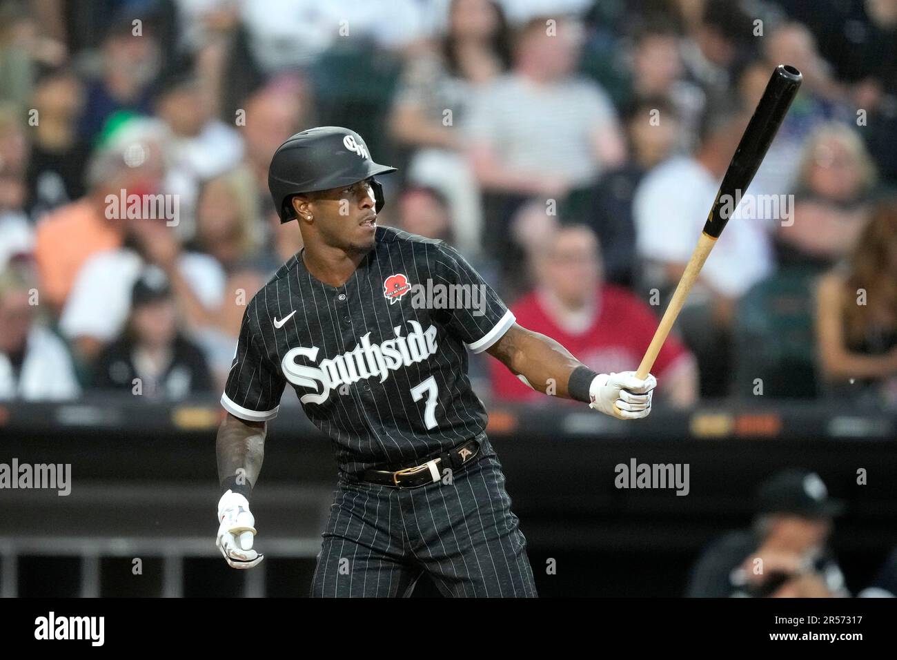 Chicago White Sox's Tim Anderson wears a red poppy on his jersey, part ...