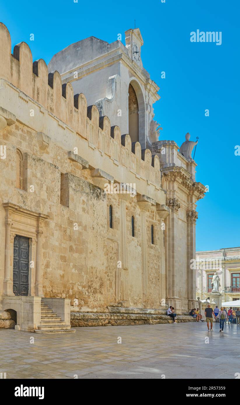 Syrcuse, Italy - November 1, 2022: The side facade  of the Cathedral with the doric columns Stock Photo