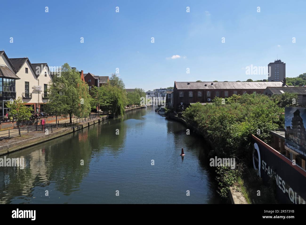 view along River Wensum looking east  Norwich, Norfolk, UK              August Stock Photo