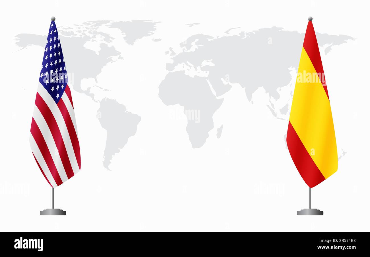 United States and civil Spain flags for official meeting against background of world map. Stock Vector