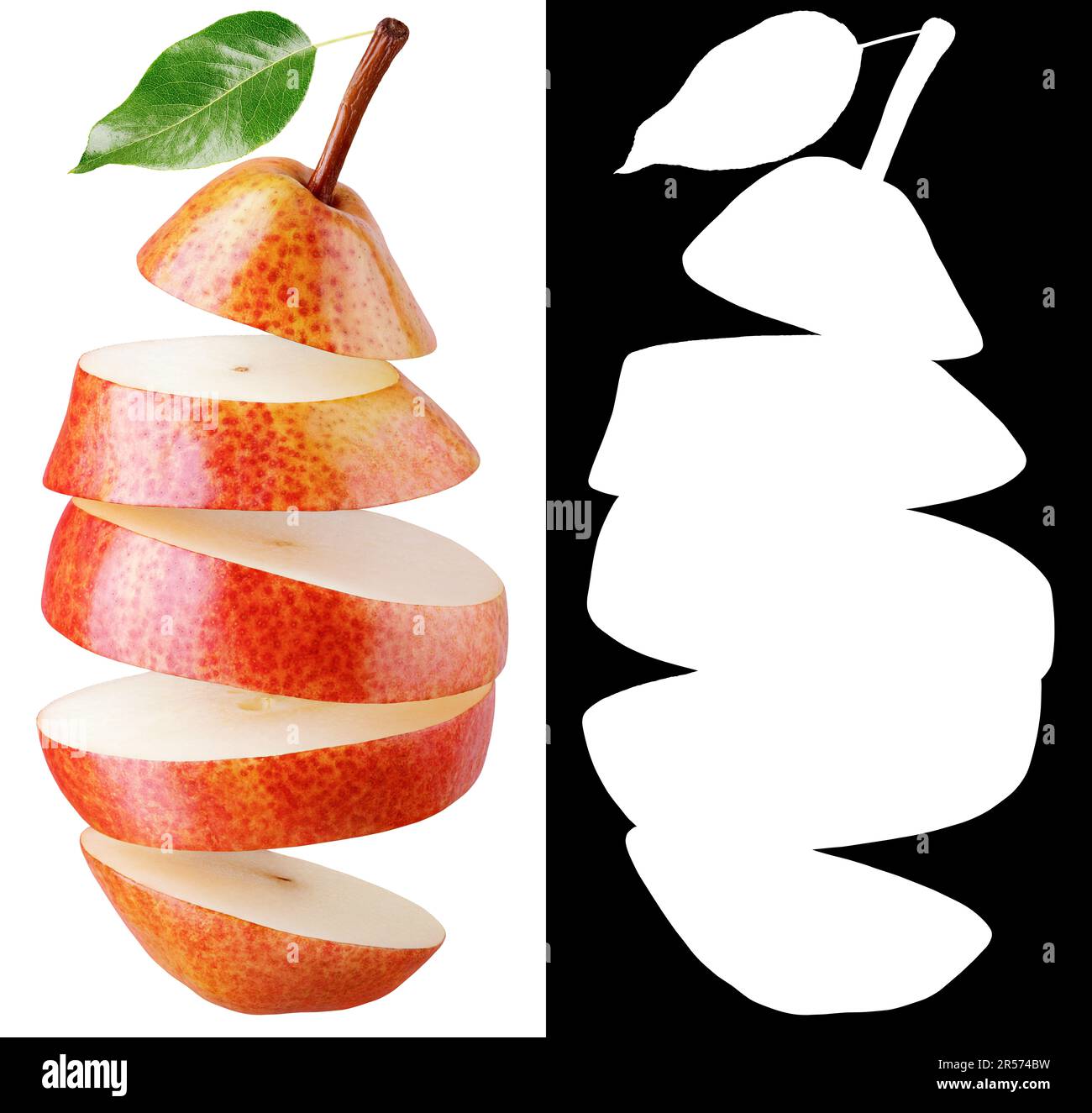 Sliced red pear with green leaf isolated on white background with ...