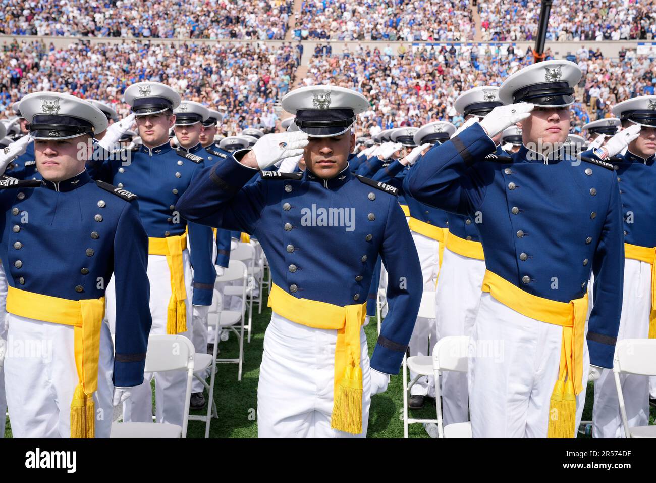 Cadets salute during the National Anthem during the 2023 United States