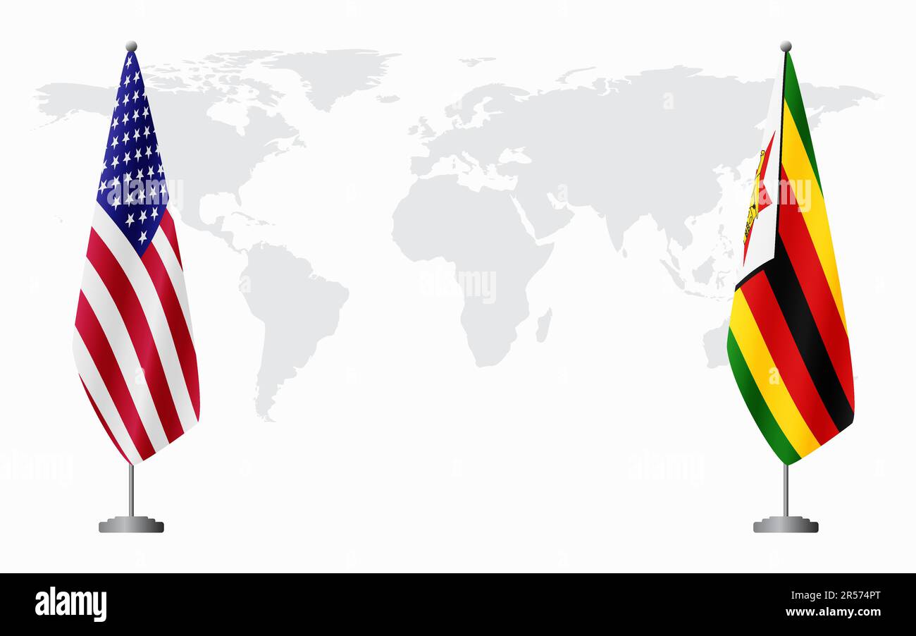 United States and Zimbabwe flags for official meeting against background of world map. Stock Vector