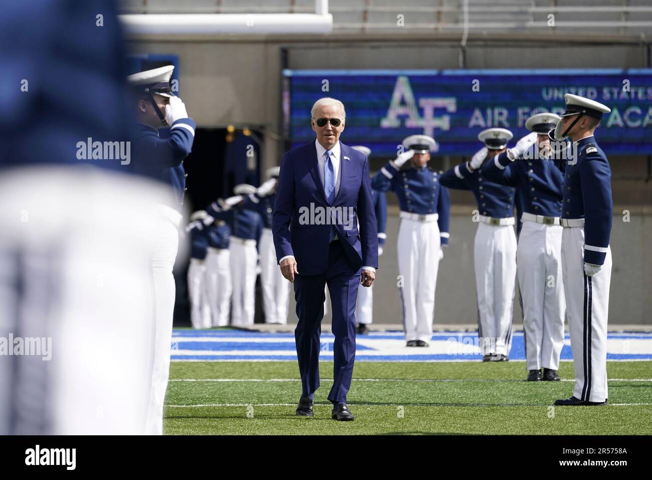 President Joe Biden arrives to the 2023 United States Air Force Academy