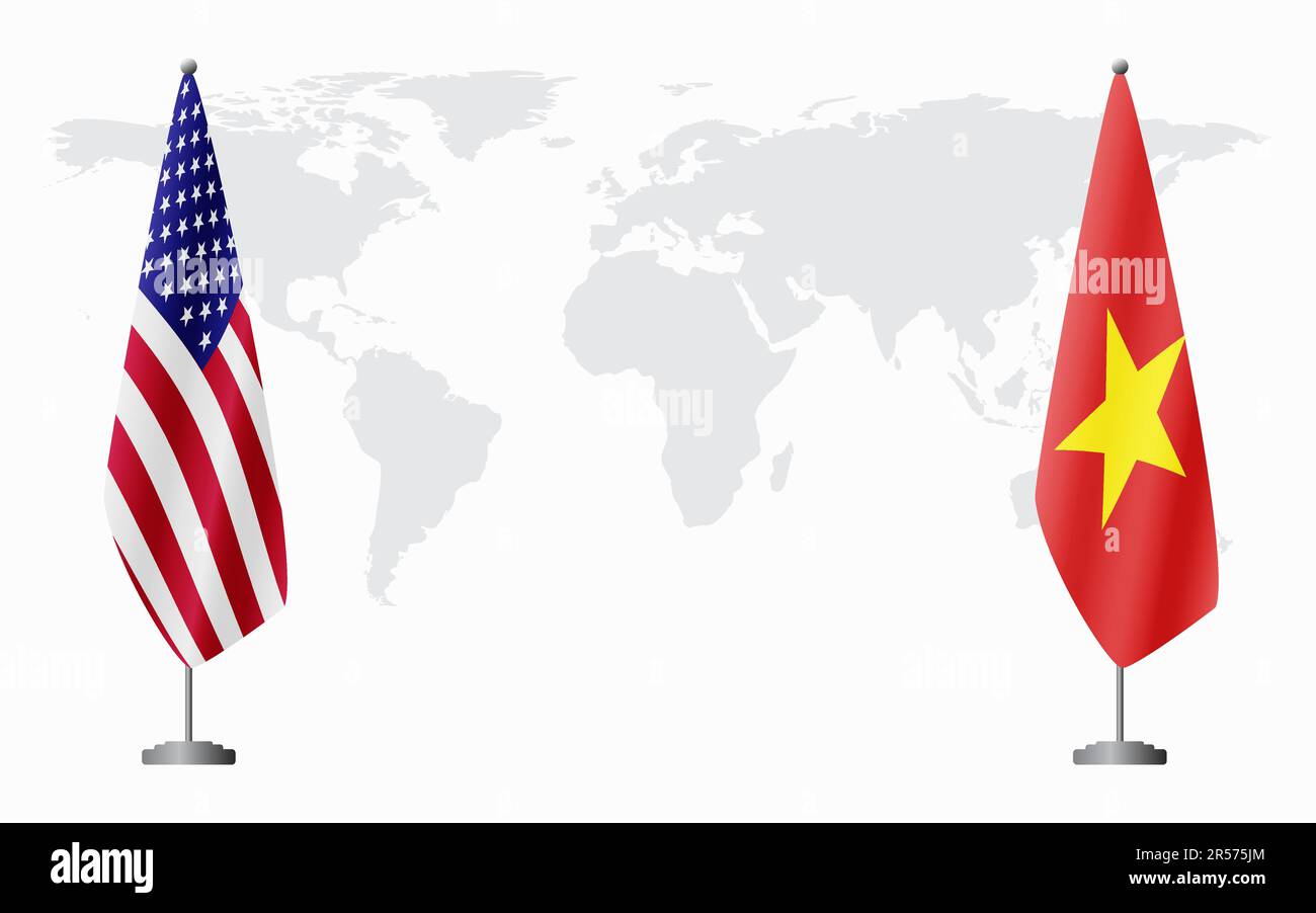 United States and Vietnam flags for official meeting against background of world map. Stock Vector