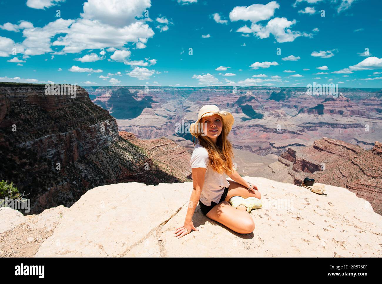 Woman in Grand Canyon National Park. Girl at panoramic picture of ...