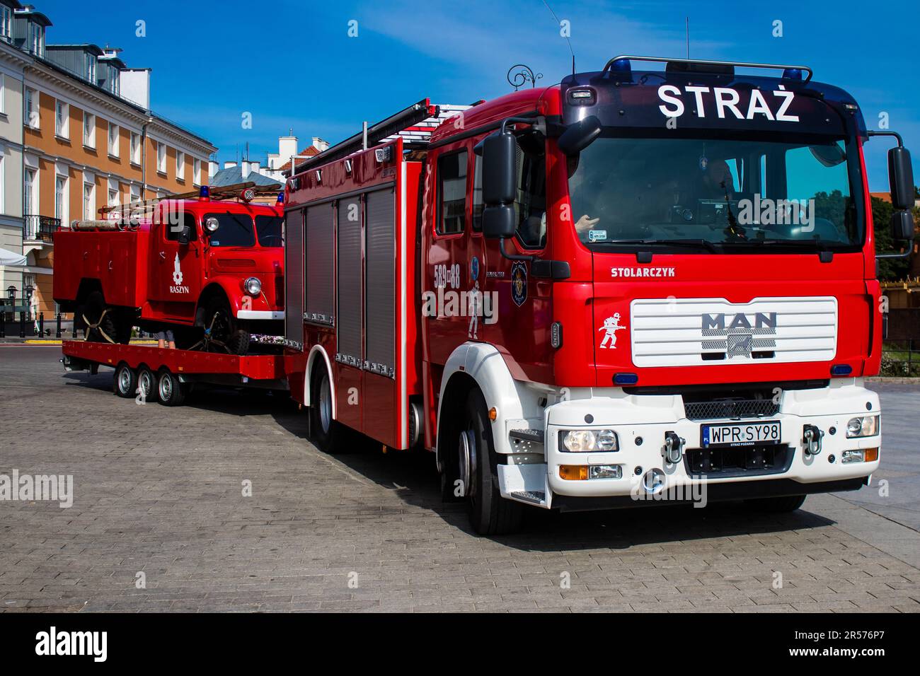 Warsaw, Poland - May 28, 2023 Fire engine driving in the city center of ...