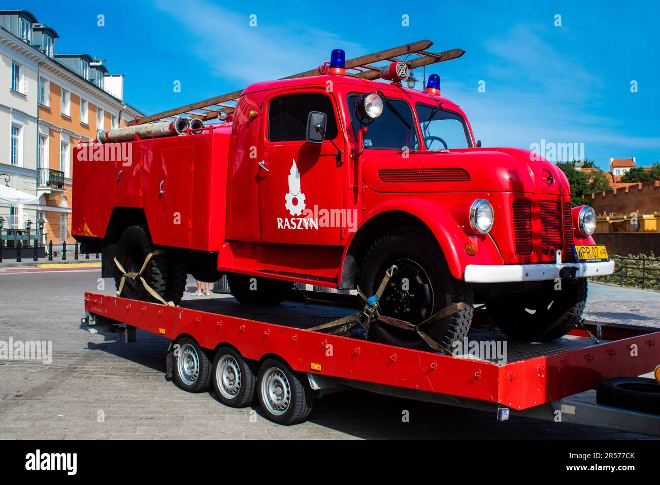 Warsaw, Poland - May 28, 2023 Fire engine driving in the city center of ...