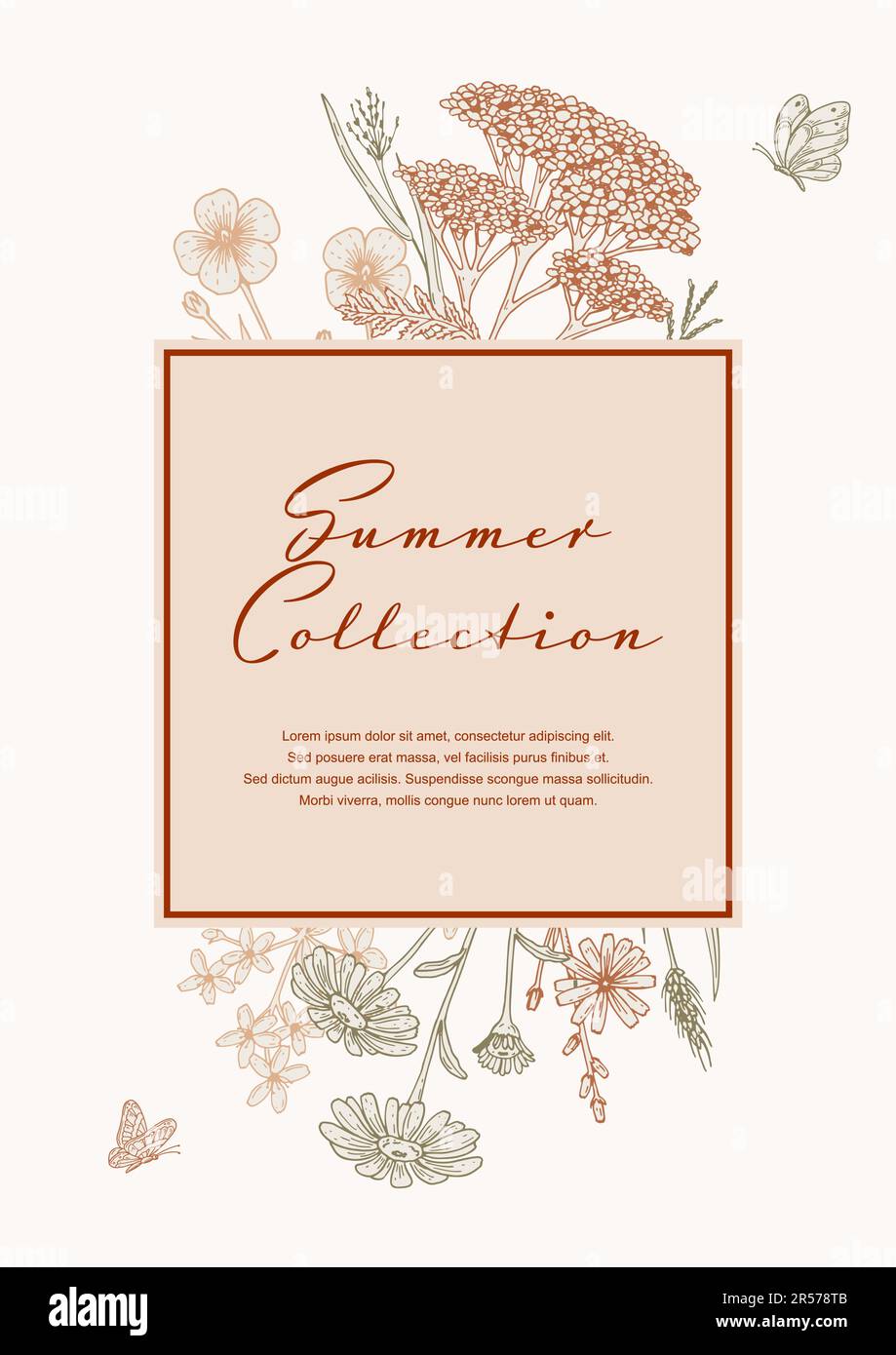 Summer vertical design with wildflowers. Hand drawn vector illustration in sketch style. Social media stories template. Meadow flowers poster. Wedding Stock Vector