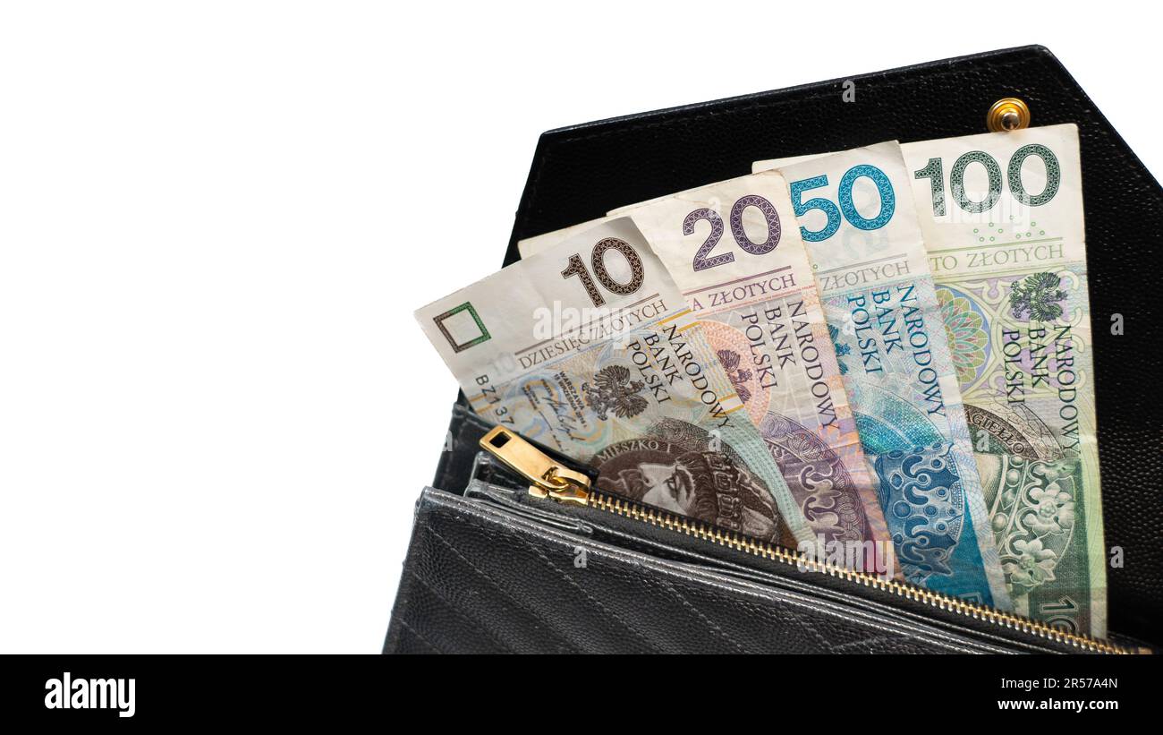 Polish money in a black wallet, holding money in a wallet, 100 polish note, Poland’s legal tender, złotówki, polskie złote, PLN Stock Photo