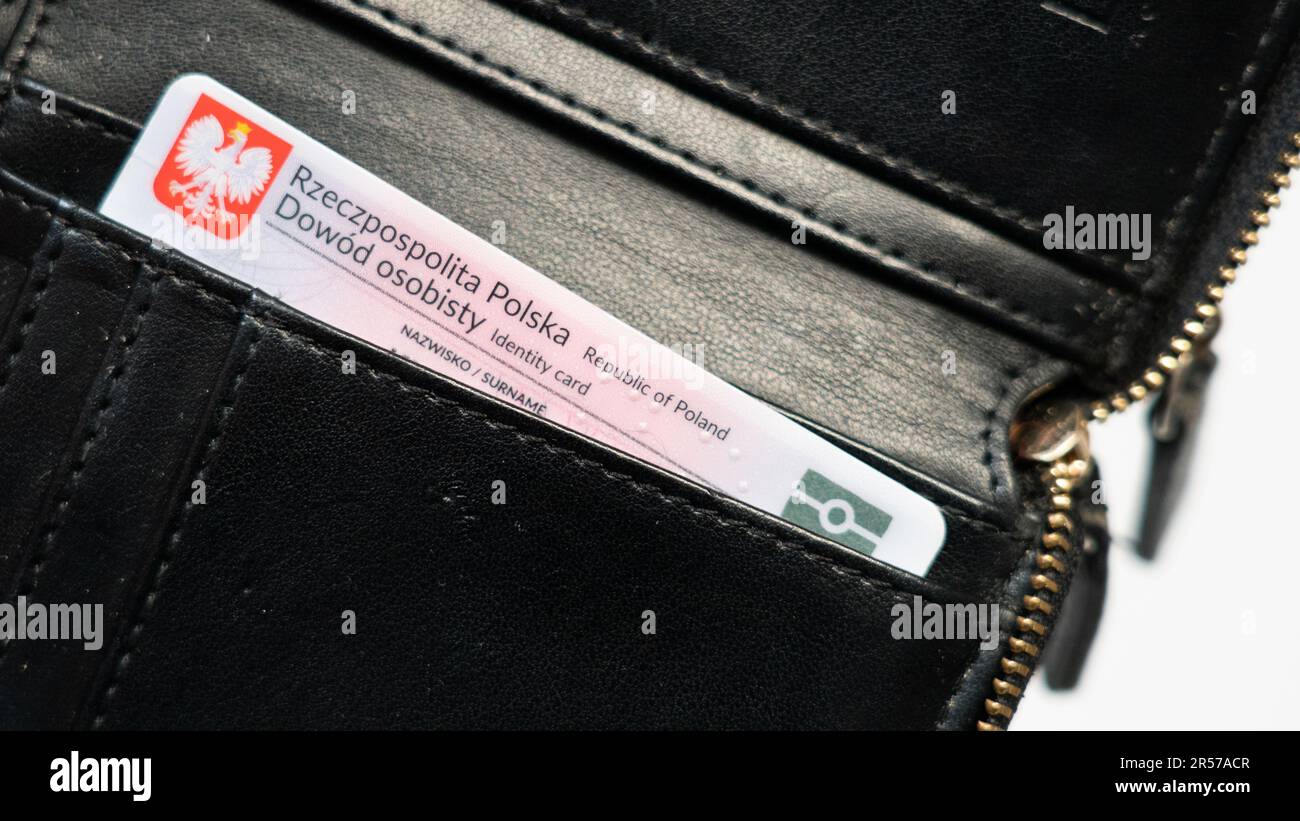 dowód osobisty w portfelu, Polish ID, Polish ID card, Identity Card, National identity card, Poland, black wallet, Polish emblem, detail, citizenship, Stock Photo