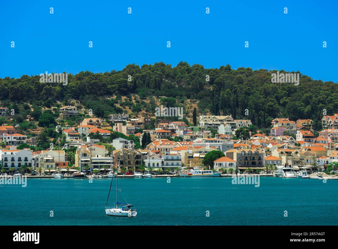 Argostolion town seafront panorama with low-rise buildings on the Ionian Island of Cephalonia Greece. Stock Photo