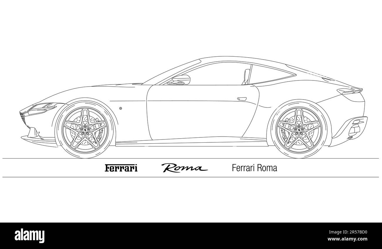 Italy, year 2019, Ferrari Roma super car, italian design, silhouette outlined, illustration Stock Photo