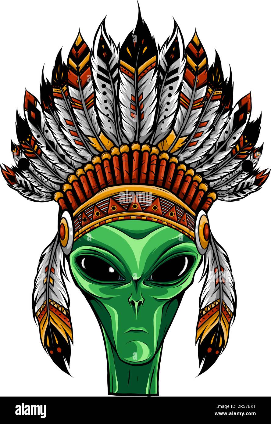 Alien head in indian headdress vector illustration on white background Stock Vector
